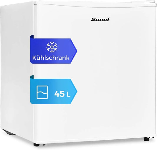 Kühlschrank Smad Mini, Spannung 230V, Klein, Minibar für Schlafzimmer, Hotel, Weiß, Fassungsvermögen 45L, Temperaturregelung 0–10 °C, Büro