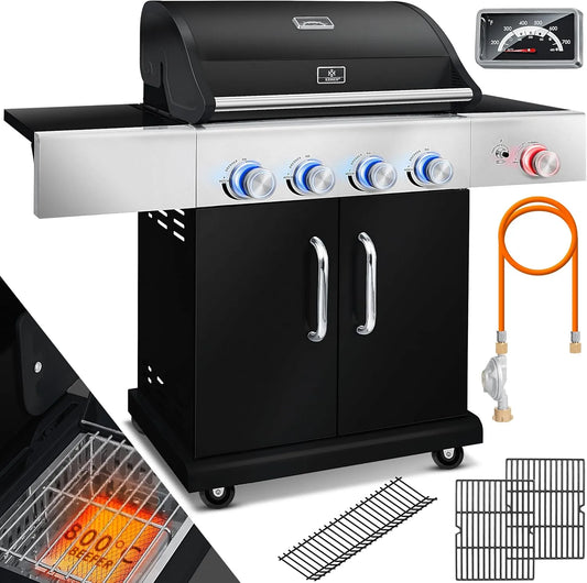 Kesser Gasgrill, bis 800°C BBQ Grillwagen aus Edelstahl inklusive. Grillrost, aus Gusseisen, Breite 66cm, Grillthermometer & Gas-Schlauch