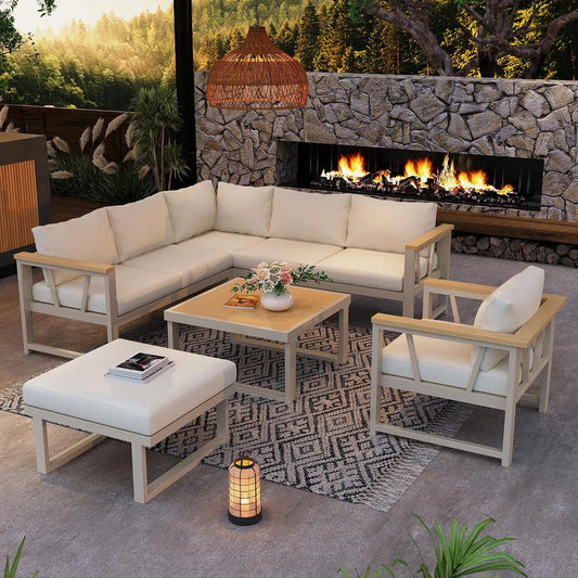 Sofa, Merax Gartenmöbel Set 7-Sitzer, Polyrattan Lounge mit 5-Sitzer Ecksofa, Sessel, Hocker und Couchtisch, verzinktes Stahlgestell, Khaki, beige