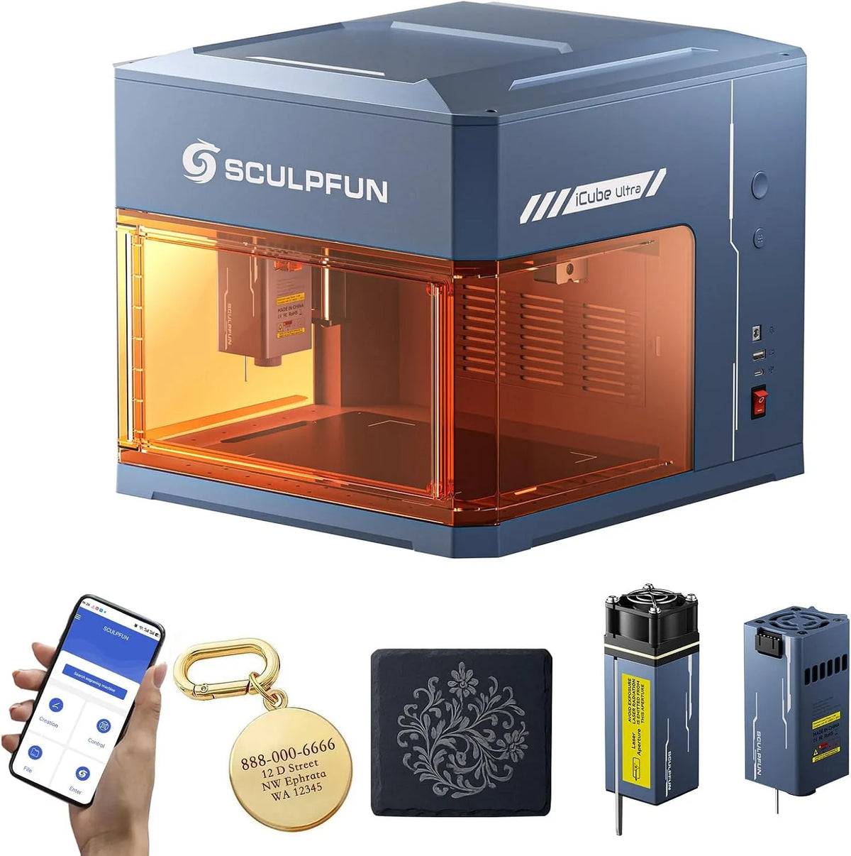 Ultra Dual Laser Graviermaschine SCULPFUN iCube, Leistung 12W Diode & 1,2W Infrarot, Maße 150x135mm, Leder, Acryl, mit Auto-Fokus & Rauchfilter
