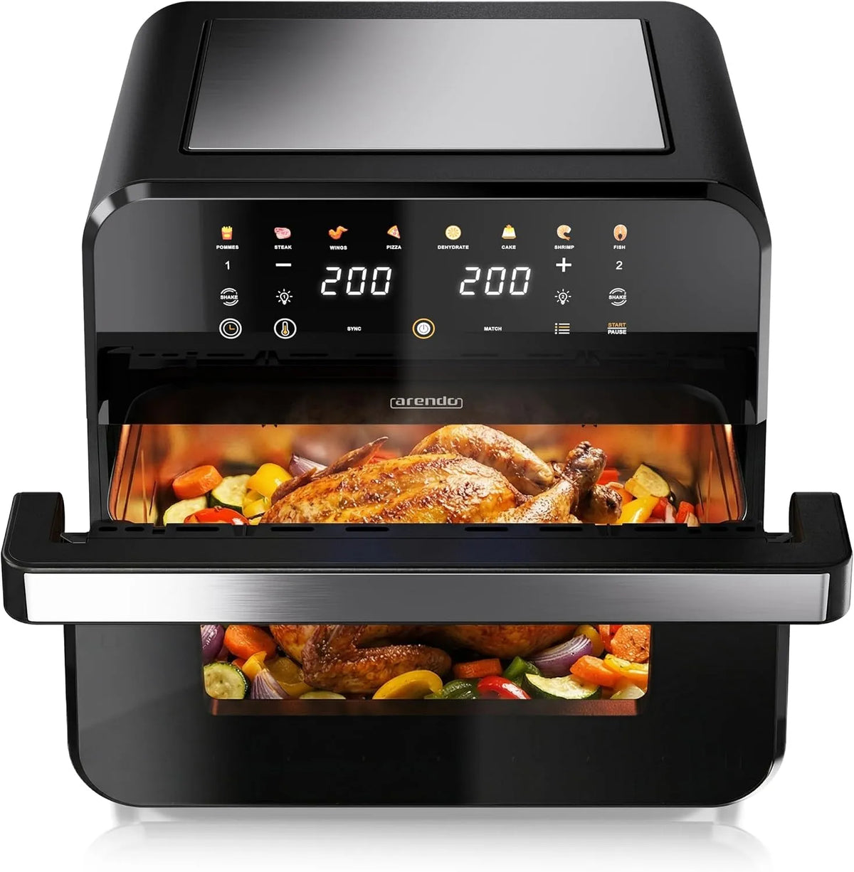 Heißluftfritteuse Arendo - XXL, Backofen Umluft, 1 Kammer Match Funktion, XXL 12 Liter, 2 Kammern trennbar, Fritteuse ohne Öl, extra Groß, Grill