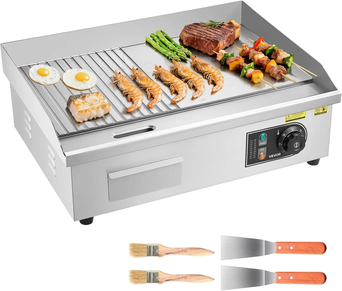 Vevor Grill, Tischgrillplatte 535x300 mm Grillfläche, Elektrogrill, halb Glatt, Gewerbliche Elektrische Grillplatte 3200 W, halb Gerillt