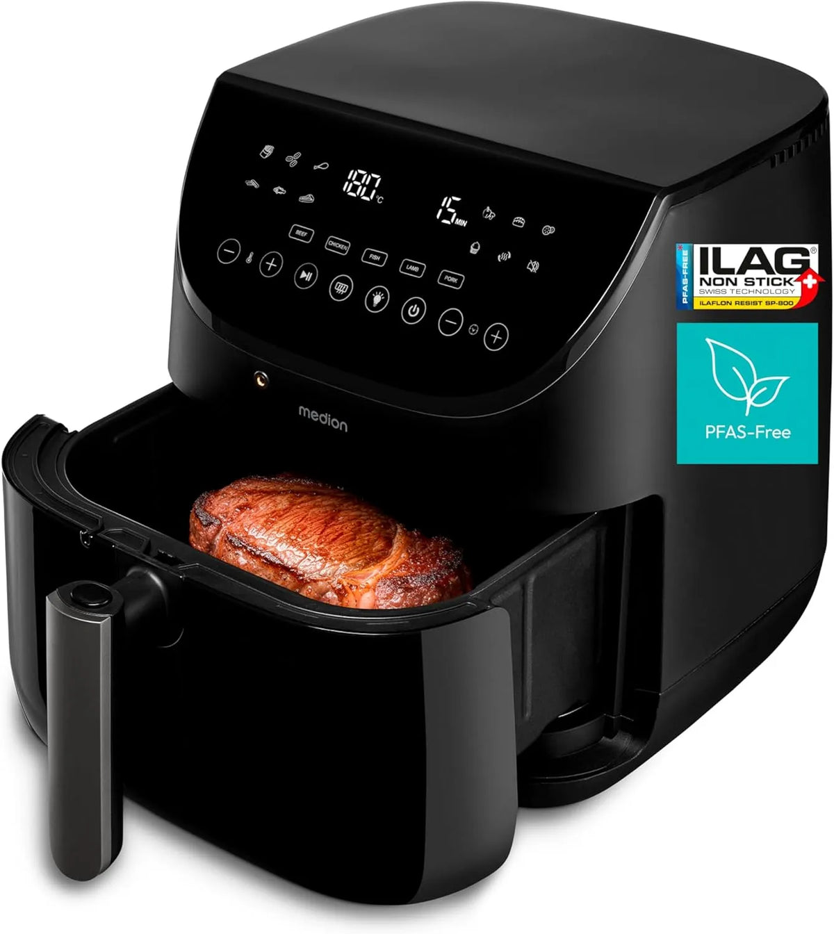 Heißluftfritteuse X20 MEDION XL Airfryer, Fassungsvermögen 6,6 Liter, 1.700 Watt, ILAG PFAS-frei, 5 Auto-Lüfterstufen, 10 Betriebsprogramme