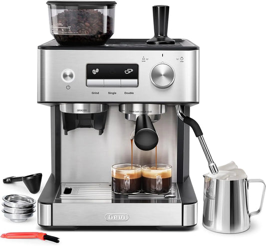 Espressomaschine, Gevi Espresso Machine with Grinder & Milk Frother, Steam Wand, Cappuccino, 20 Bar Professional Coffee Maker for Home, Latte
