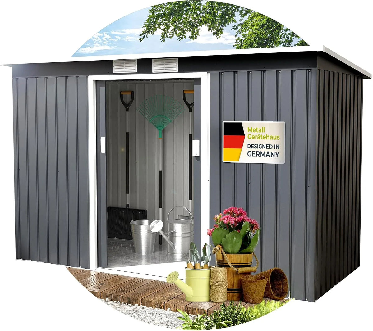 Geräteschuppen, Gartenschuppen 277×130×173cm, Gartenhaus mit Doppelschiebetüren, Fahrradgarage aus verzinktem Stahl, Metall-Gerätehaus, XL
