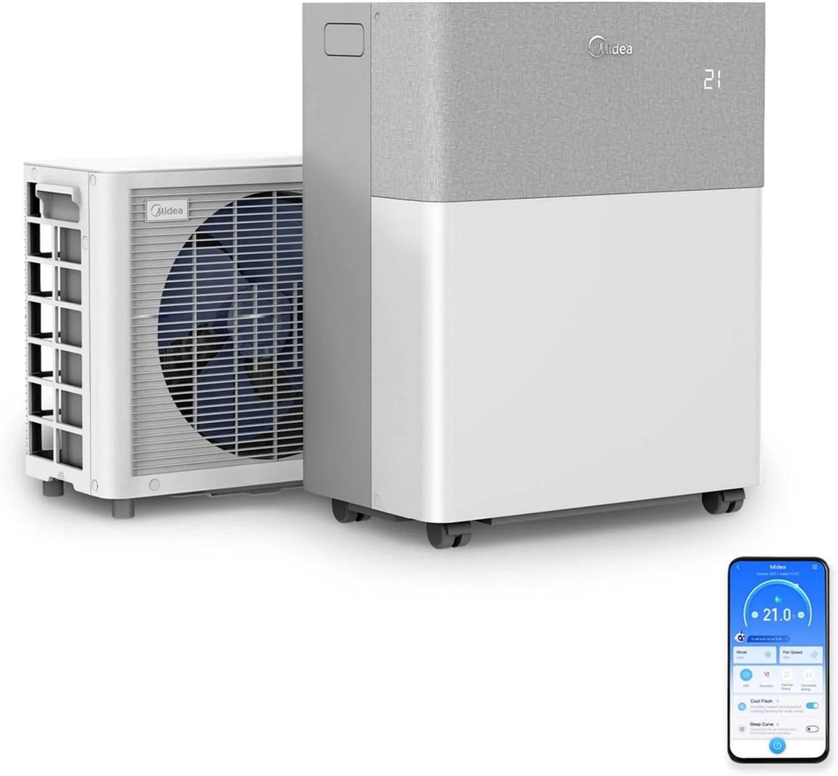 Midea Klimaanlage, Portasplit Mobile Wärmepumpe, 12000 BTU 3, 5kW, nur 39 dB, für Räume bis zu 42 m², 105 m³, im Silent-Modus, Kühlen A++, Heizen A+