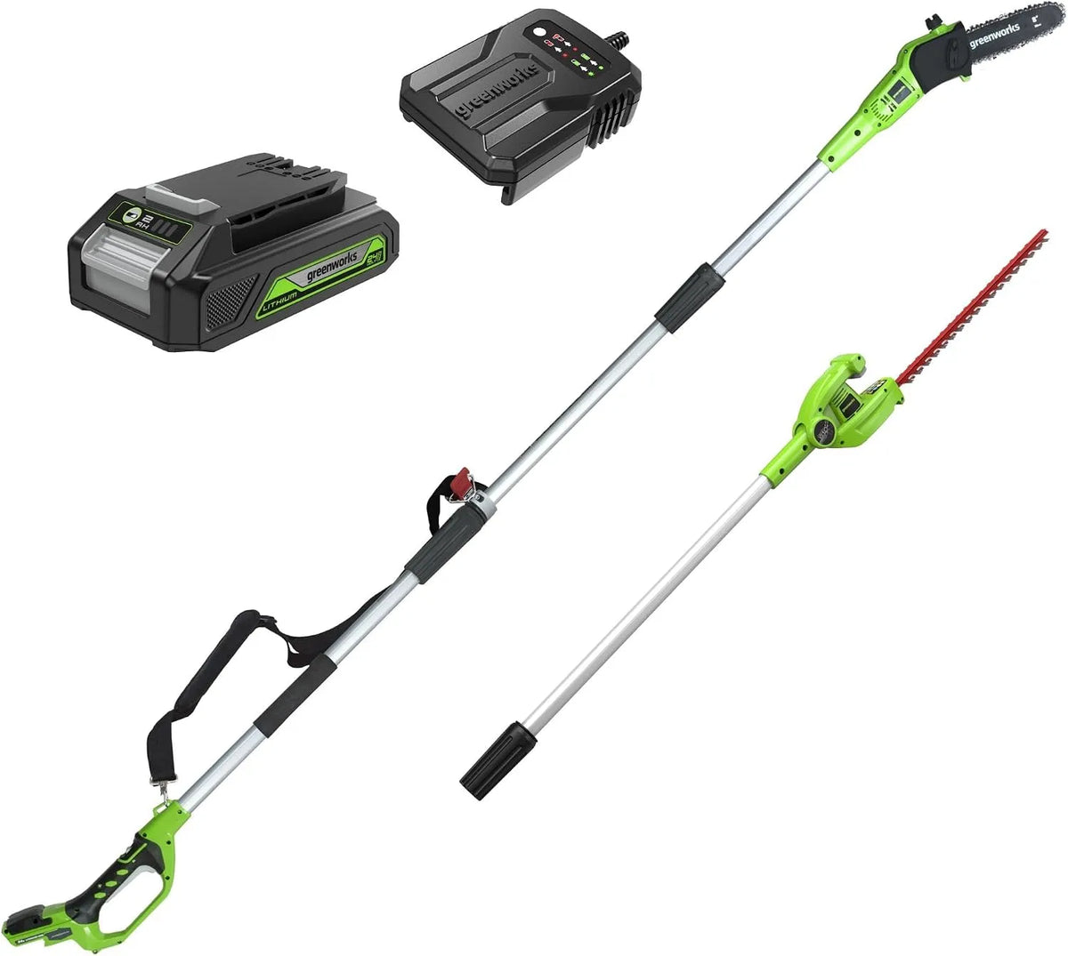 Greenworks Heckenschere G24PSHK2, Astsäge 20 cm Klinge, Spannung 24V 2Ah Akku und Ladegerät, 51 cm Doppelklingen, 3 Jahre