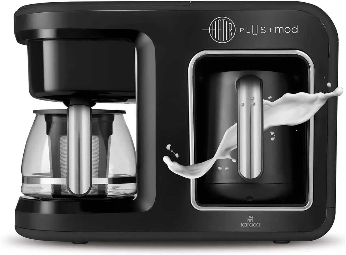 Karaca Kaffeemaschine, 1400 Watt, Filterkaffee oder Tee Zubereiten, Aromaeinstellung, Hatır Plus Mod 5 in 1 Essential in Schwarz Chrom
