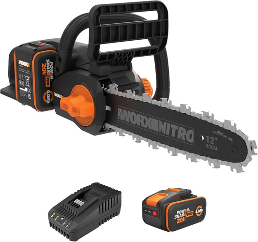 Worx Modell 10m 10m WG350E 10m/s, Nitro Profi Akku Kettensäge 20V, 30cm Schnittlänge, mit 4Ah Akku & Ladegerät, Spannung 20V, leistungsstarke Holzsäge
