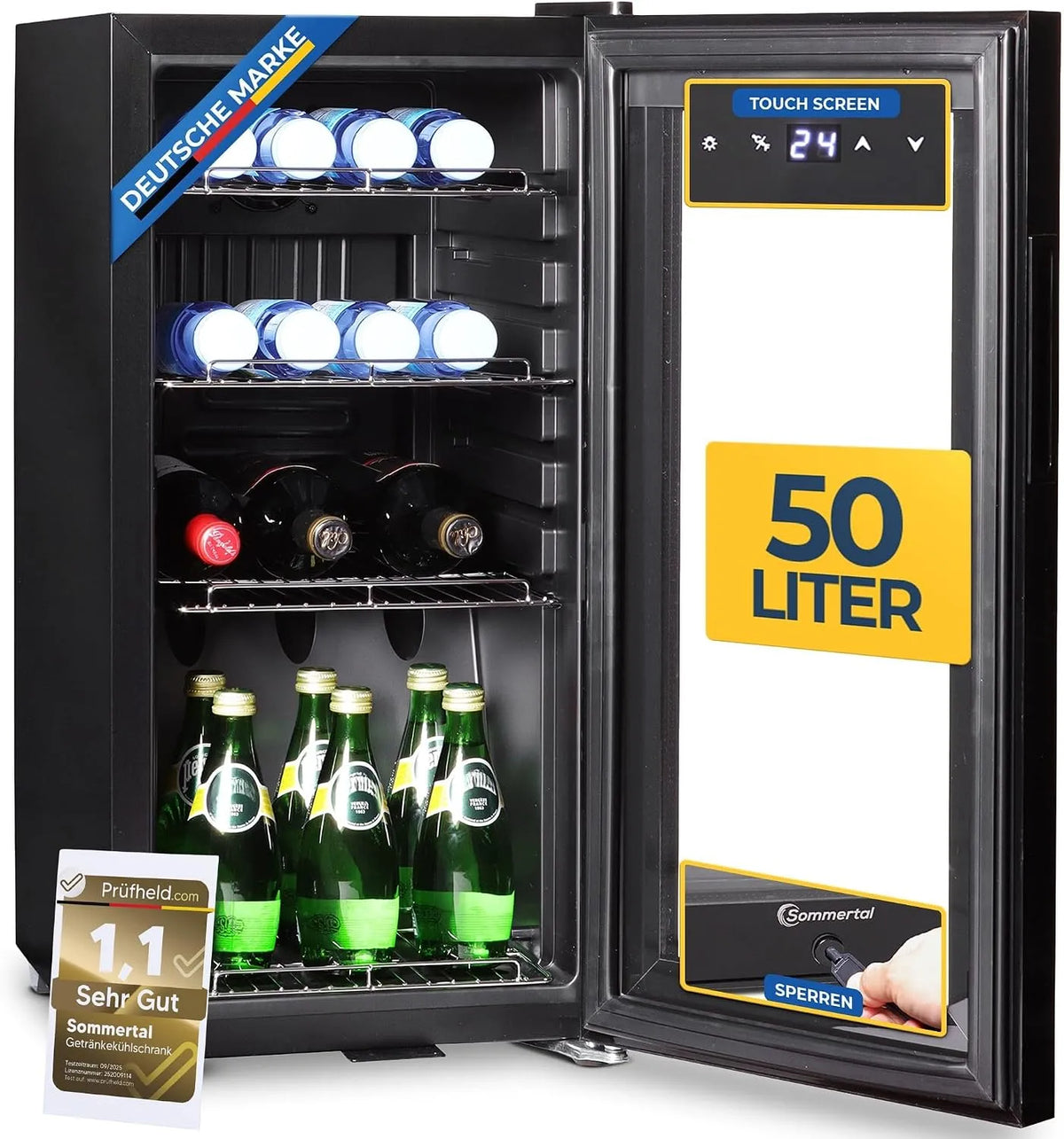 Kühlschrank GK50, Touchscreen & Schloss kleiner Flaschenkühlschrank in Schwarz 50L, mit Glastür – Leiser Getränkekühlschrank mit LED