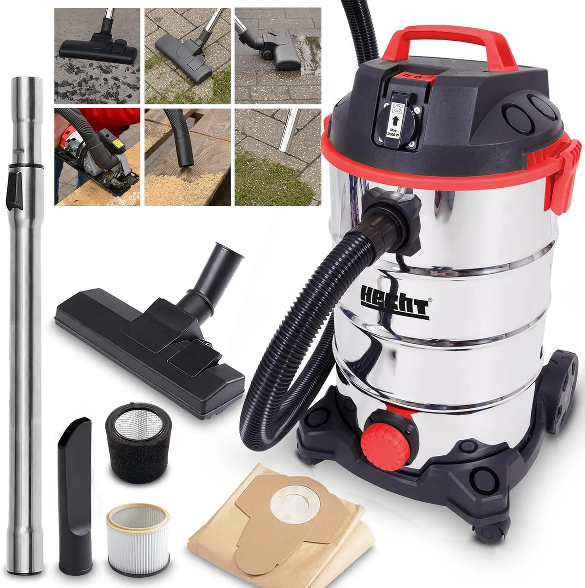 Nass-/Trockensauger Hecht Nass und, starker Industriestaubsauger mit Steckdose, Blasfunktion, mit & ohne Beutel, Fassungsvermögen 35 Liter Behälter