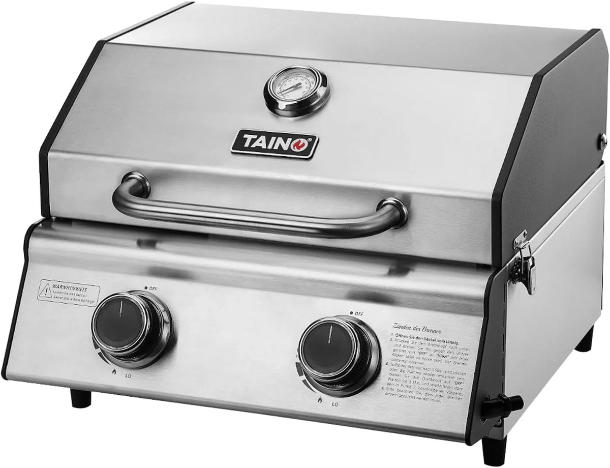 Gasgrill, TAINO PLATINUM COMPACT Tischgrill 2 Brenner Edelstahl Kompakt Camping BBQ