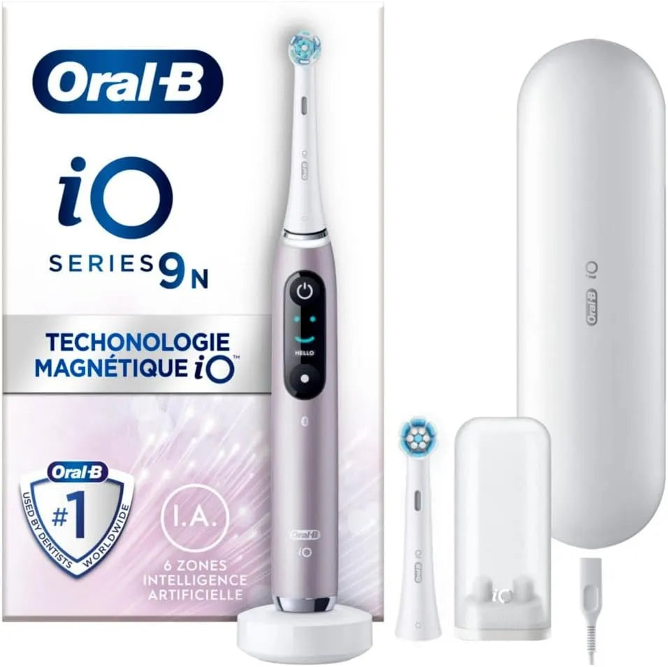 Braun Oral-B iO 9 Oral-B iO 9N Elektrische Zahnbürste, mit 2 Bürstenköpfen und 1 Reise-Ladegerät, Rosenquarz, entworfen von