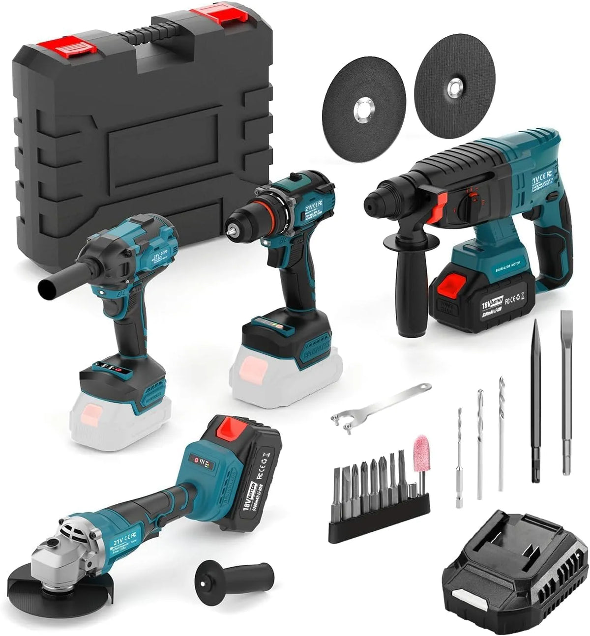 Kit,4 Teile bürstenlose Maschine Set Elektrowerkzeuge Combo, Kabelloses Power Tool Combo Kit mit 2 Batterien und 1 Ladegerät, Elektrohammer, Bohrer