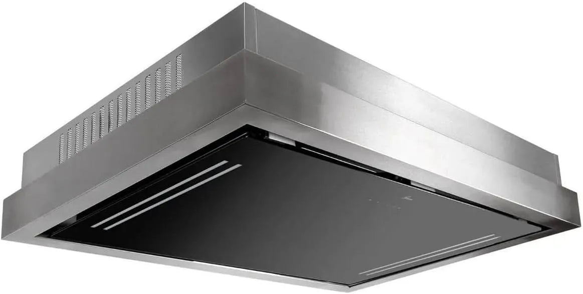 Dunstabzugshaube IS 90 BL, Deckenhaube GCH C 343 PRIME Einbau Umluft 90 cm, 1000 m³/h, Edelstahl-Schwarzglas-Design, Umlufthaube, Ionisierung