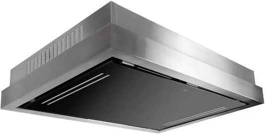 Dunstabzugshaube IS 90 BL, Deckenhaube GCH C 343 PRIME Einbau Umluft 90 cm, 1000 m³/h, Edelstahl-Schwarzglas-Design, Umlufthaube, Ionisierung