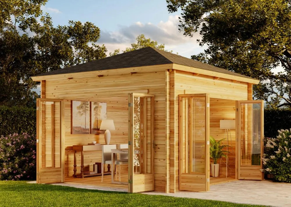 Gartenhaus Braun, Sunshine ISO mit großer Falttür aus Holz in Holzhaus Wandstärke: 40 mm Blockbohlenhaus