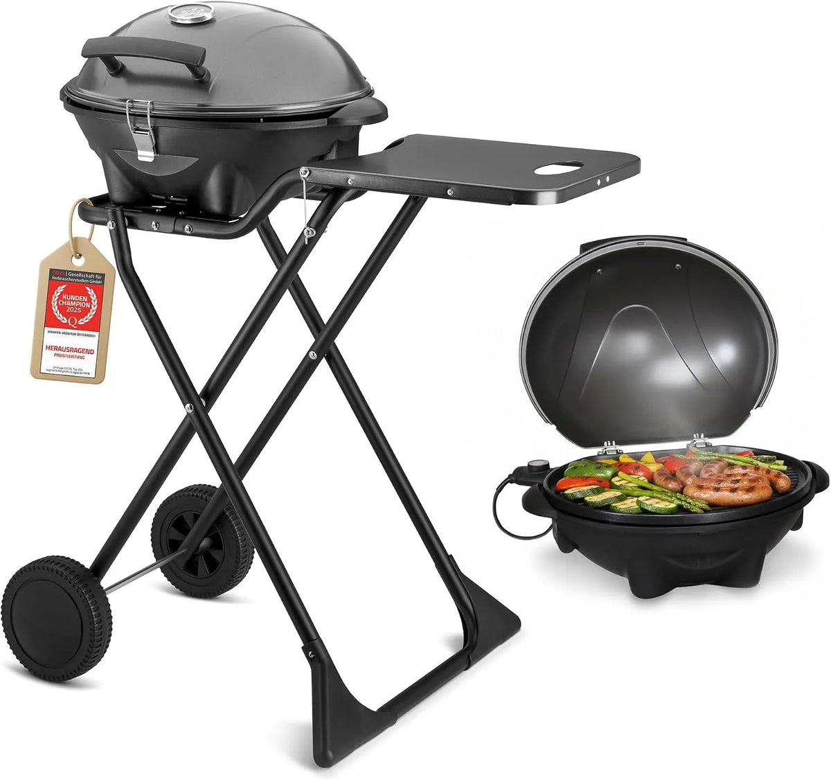 Grill, Elektrogrill 2 in 1 Tischgrill & Standgrill 2400W, TZS First Austria, Elektrischer & klappbarer für Balkon & Terrasse mit Deckel & Rollwagen