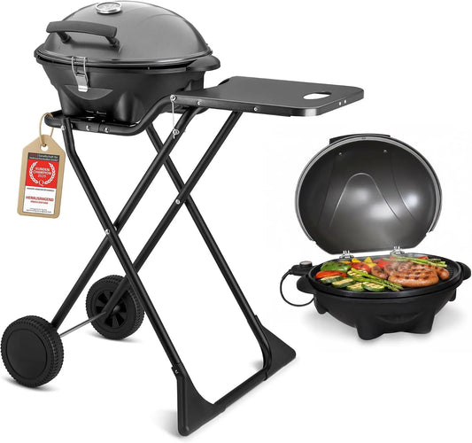 Grill, Elektrogrill 2 in 1 Tischgrill & Standgrill 2400W, TZS First Austria, Elektrischer & klappbarer für Balkon & Terrasse mit Deckel & Rollwagen
