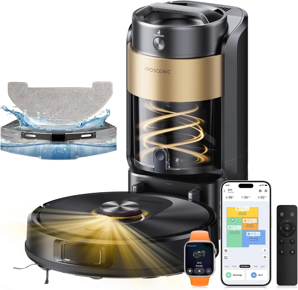 Saugroboter Q20Plus 200min Proscenic, 3-in-1 Saug und Wischroboter für Tierhaare, Teppiche, in Schwarz, mit Wischfunktion, Hartböden