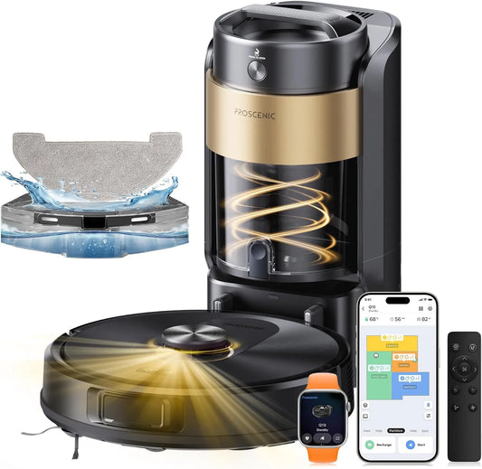Saugroboter Q20Plus 200min Proscenic, 3-in-1 Saug und Wischroboter für Tierhaare, Teppiche, in Schwarz, mit Wischfunktion, Hartböden