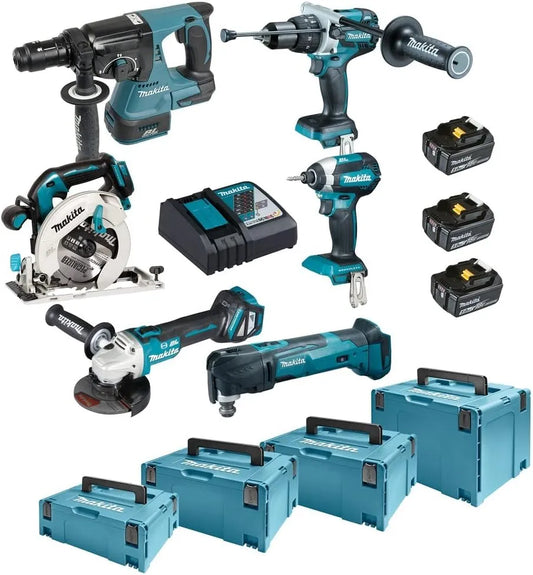 Makita Modell, Akku-Kombo-Kit 18V DLX6085TJ DHR243+DHP481+DTD153+DHS680+DGA513+DTM51, 5,0 Ah, 3 Akkus + Ladegerät + 4x MAKPAC, Spannung 18V