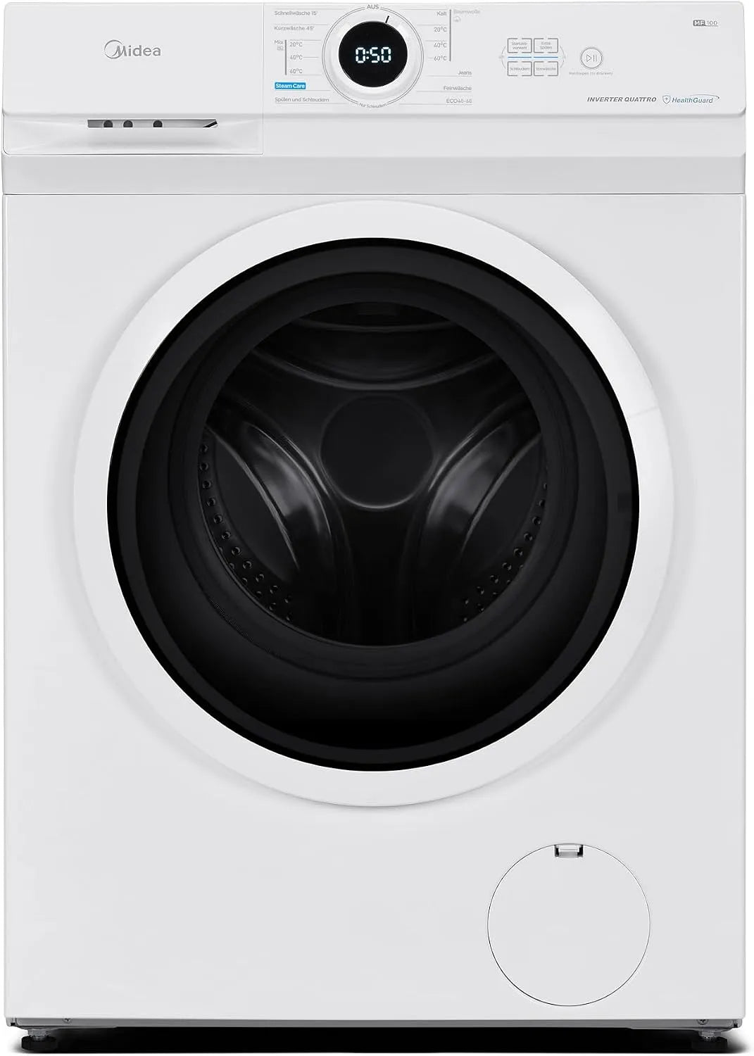 Midea Waschmaschine MF10EW100B 1400, Inverter Quattro Motor, EEK A, Grosse Trommel, Kindersicherung, Weiß, Gewicht 10kg, Min, Dampffunktion