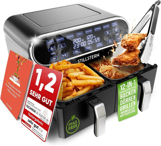 Heißluftfritteuse Stillstern, 2 Kammern 8L Dual Zone Airfryer XXL, Leistung 2400W, Ausgezeichnet 1,2, Sehr Gut, Fritteuse Air Fryer, Rezeptbuch