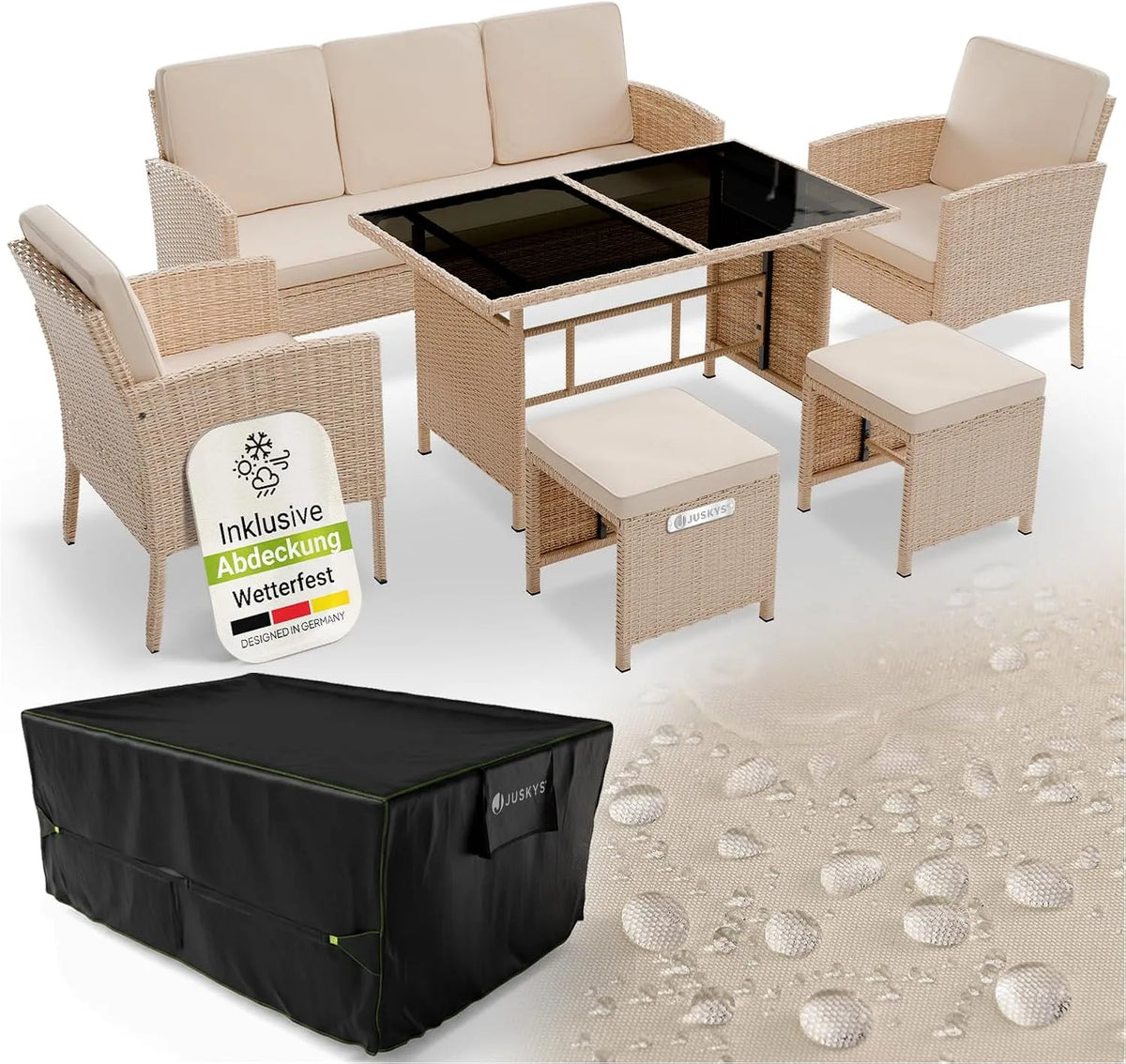 Tisch, 7 Personen, Hocker, Loungemöbel Creme, Juskys Polyrattan Gartenmöbel Sitzgruppe Turin Set 6 teilig inklusive. Abdeckung, & Kissen