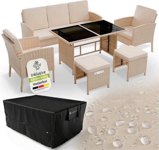 Tisch, 7 Personen, Hocker, Loungemöbel Creme, Juskys Polyrattan Gartenmöbel Sitzgruppe Turin Set 6 teilig inklusive. Abdeckung, & Kissen