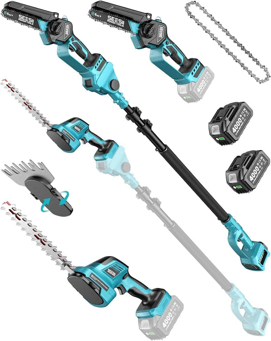 Heckenschere, SEESII 6-in-1 Mini Kettensäge & Akku Set, Hochentaster mit 2 * 4000mAh Akkus, Maximale Reichweite bis zu 4,57m