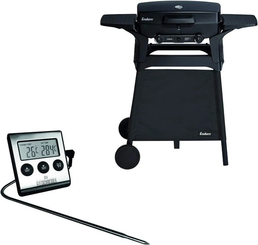 Gasgrill Enders, URBAN Trolley, Mobiler Kompaktgrill, Seitenablagen, 2 Edelstahl-Brenner stufenlos, Bundle mit extra Fleischthermometer, in Schwarz