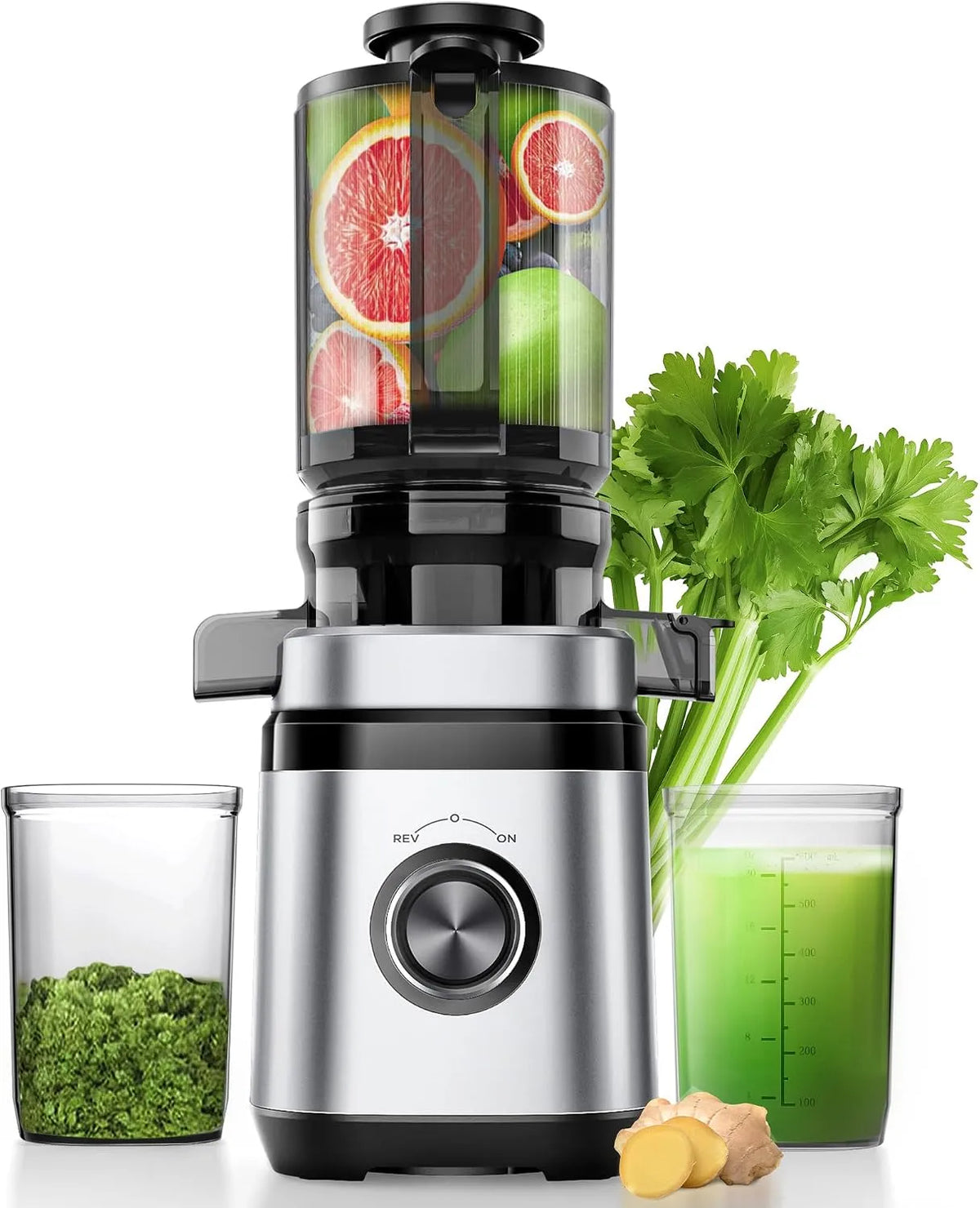 Entsafter, 110MM Einfüllöffnung, Slow Juicer, Saftpresse Elektrisch, Leistung 350W DC-Ultrasilent-Motor, 2 Tassen, Gemüse und Obst Testsieger