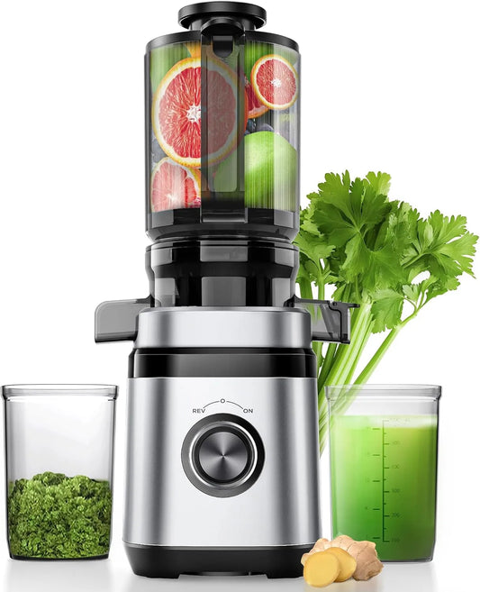 Entsafter, 110MM Einfüllöffnung, Slow Juicer, Saftpresse Elektrisch, Leistung 350W DC-Ultrasilent-Motor, 2 Tassen, Gemüse und Obst Testsieger