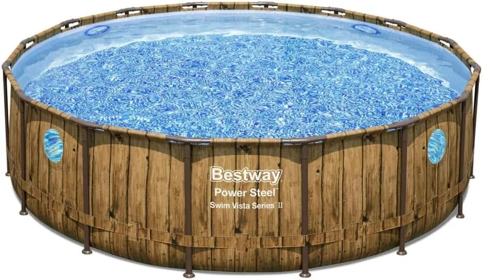 Bestway Pool, Power Steel Swim Vista Series Frame Komplett-Set mit Filterpumpe Ø 488 x 122 cm, Holz-Optik, Pinie, rund