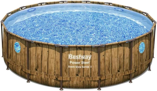 Bestway Pool, Power Steel Swim Vista Series Frame Komplett-Set mit Filterpumpe Ø 488 x 122 cm, Holz-Optik, Pinie, rund