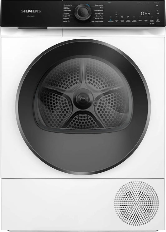 Siemens Wärmepumpentrockner WQ45H2BECO iQ500, Selbstreinigender Kondensator, speedPack, Nachlegefunktion, Trommelinnenbeleuchtung, Smarter 9 kg, Weiß