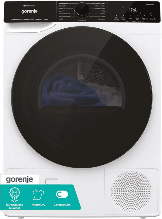 Gorenje Wärmepumpentrockner DPNA83W, Gewicht 8 kg Kapazität, 15 Betriebsprogramme, Schnellprogramm Energieklasse C, ConnectLife WiFi, Auto Drain