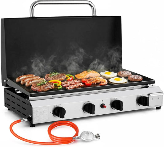 Gasgrill, Grillfläche 74×35cm, LIFERUN Tischgasgrill mit 4 Edelstahl-Brenner, Leistung 9.6KW, Campinggrill Keramische Lackbeschichtung Grillplatte
