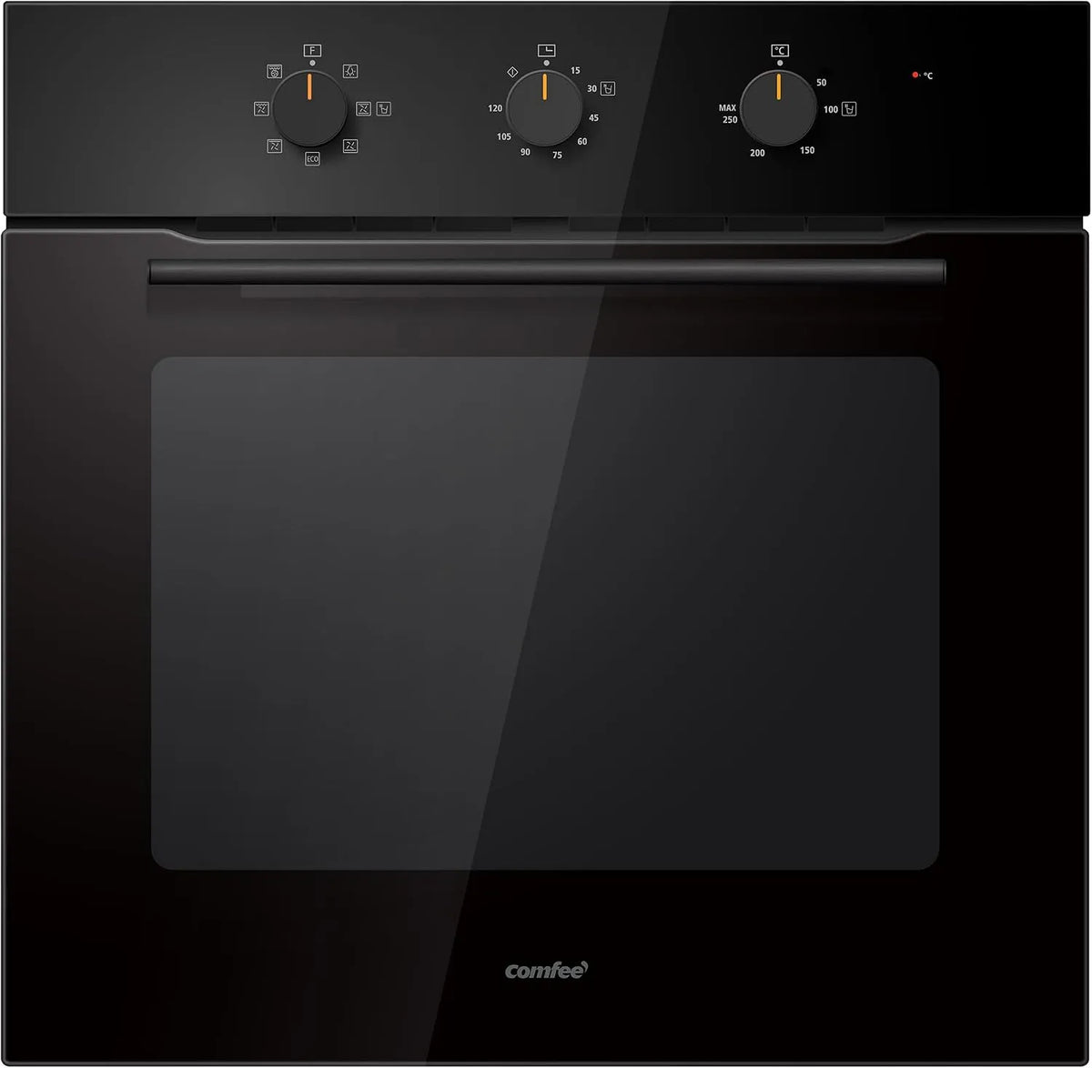 Comfee Modell CBO60M80M1-BK, 8 Funktionen, belüftet, mehrstufiges Kochen, abnehmbare Tür, in Schwarz, Fassungsvermögen 60 Liter, Class A