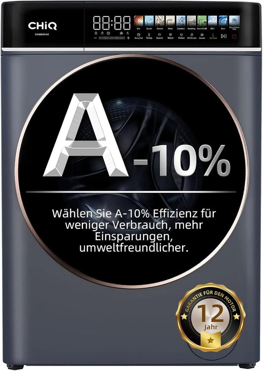 Waschmaschine A-10 1400 15Min CHiQ, Gewicht 8kg Frontbeladung, Touchscreen-Steuerung 12 Betriebsprogramme, 520mm D, in Schwarz 2025, Inverter-Motor