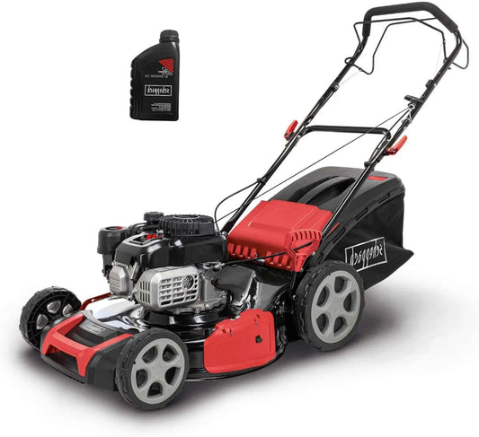Scheppach Rasenmäher MS175-51, 5,4 PS, 51cm Schnittbreite, Fassungsvermögen 65L Korb, 8-Fach Verstellung, inklusive. Motoröl, Benzin mit Radantrieb