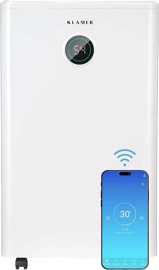 Luftentfeuchter 24h KLAMER, elektrisch 20L in mit 5,5L Tank, energieeffizienter Raumentfeuchter mit Smart Sensor, Timer & Wäschemodus, Leiser