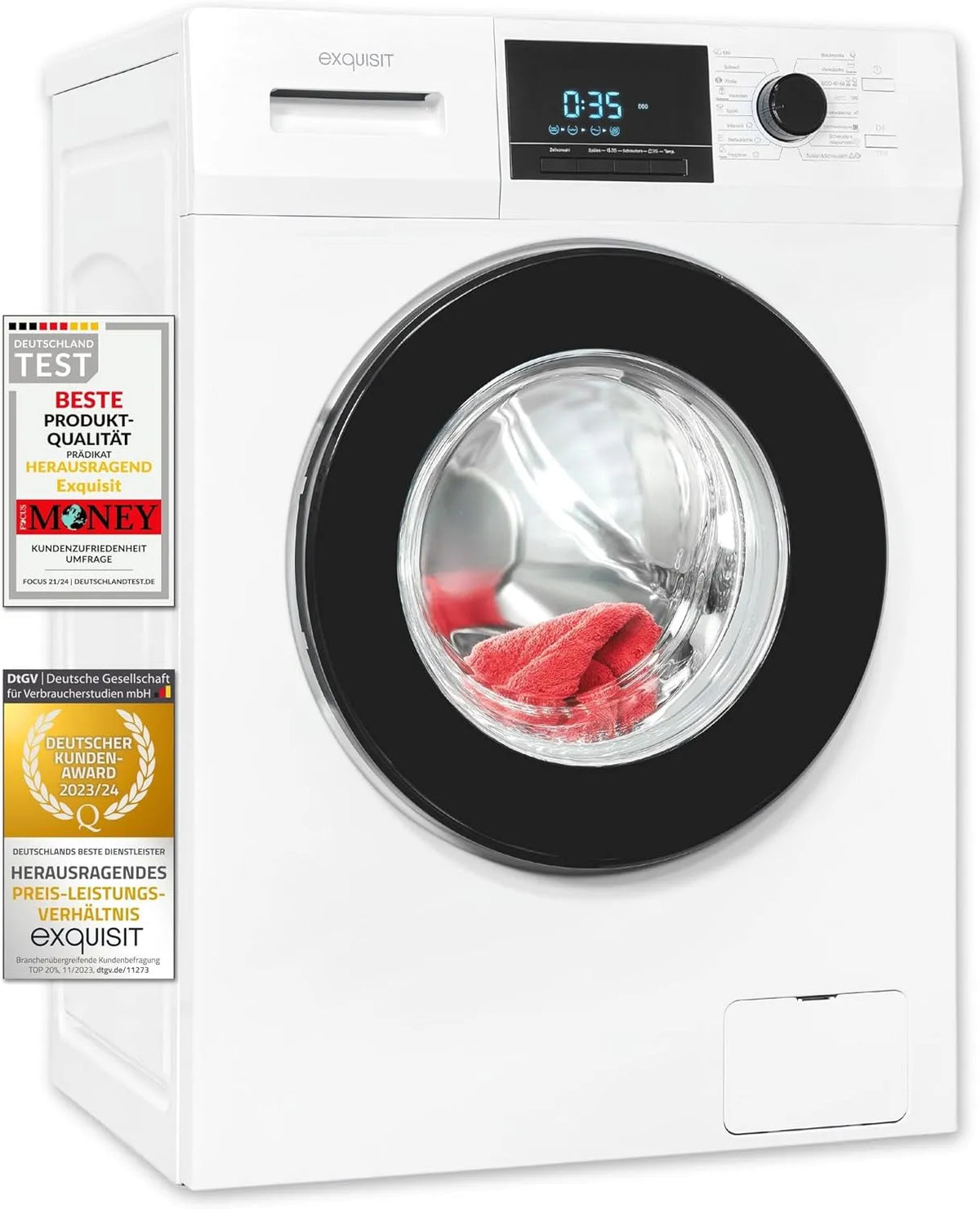 Exquisit Waschmaschine WA9214-340A, Gewicht 9 kg Fassungsvermögen, 16 Waschprogramme, weiss, Energieeffizienzklasse A, Kindersicherung