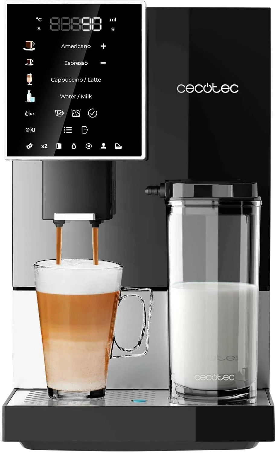 Cecotec Kaffeemaschine, 19 Bar, Fassungsvermögen 1,1 L Wassertank, Fassungsvermögen 400 ml Milch, 150 g Kaffeebohnentank Mühle, Thermoblock-System