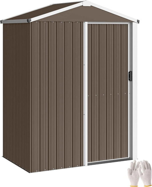 Outsunny Braun Gerätehaus, Metall 1,1 m², Maße 136 x 87 x 179 cm, Geräteschuppen mit Sattedach Abschließbarer Schiebetür Handschuhen