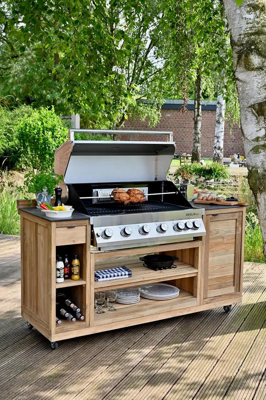 Gasgrill, Mobile Outdoor Küche mit Edelstahl Built-In Merlin 641, 6 Brenner, Infrarotbrenner, Backburner & Spieß, Gartenküche