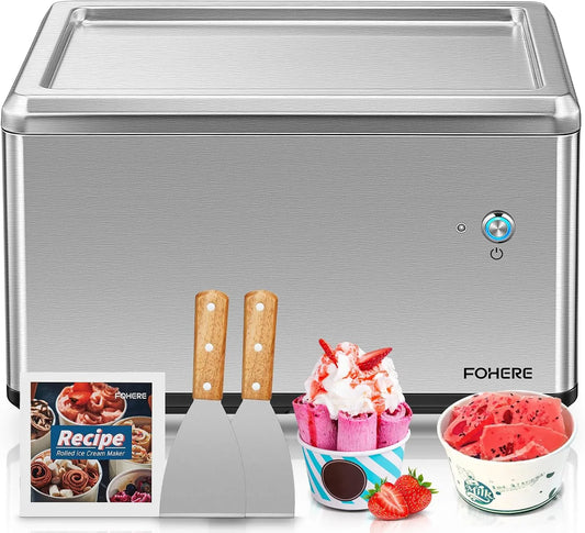 FOHERE Eismaschine, Selbstkühlende Roll für Zuhause mit Kompressor, Soft Eis in nur 3 Mins, 2 Spachteln, One-Touch Bedienung, Rezept