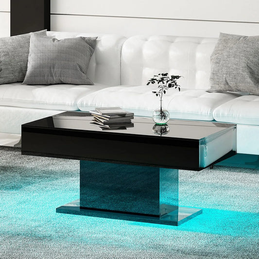 Wohnzimmertisch Hochglanz KEEPREAPER Couchtisch, Maße 110 x 55 x 50 cm, Sofatisch mit LED Beleuchtung modern für Wohnzimmer, in Schwarz