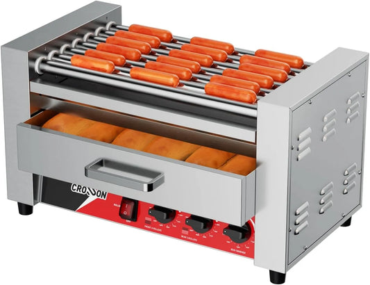Grill, CROSSON 2 in 1 Profi Hot Dog,7 Rollen Edelstahl Hot Dog Machine Elektrogrill 1350W, mit Brötchenwärmer, Dual-Temp-Steuerung